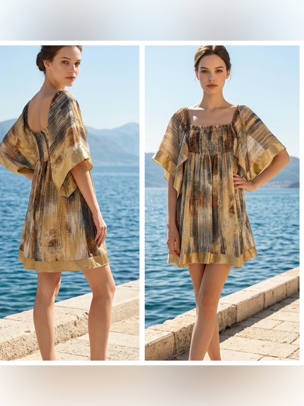 Agora Women Sz XL Textured Smocked semi sheer layering Mini Dress Kimono sleeve